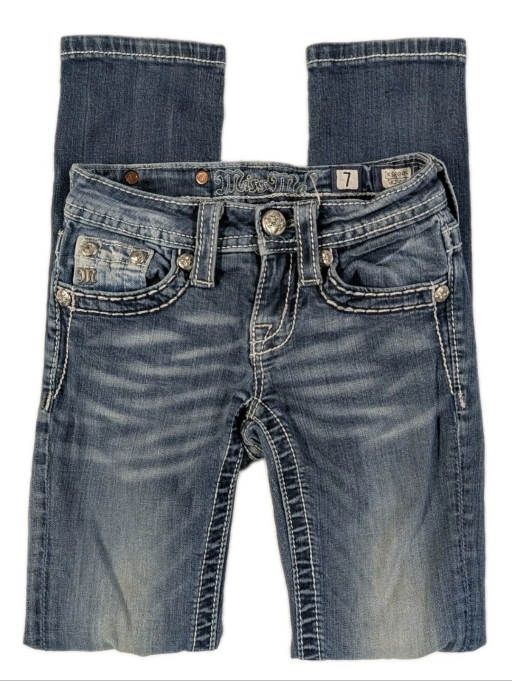 Miss Me Girls Size 7 Skinny Jeans Cross Rhinestone Pocket JK5899S Blue Stretch